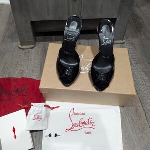 Christian Louboutin Black Patent Peep-Toe Slide Mules with Signature Insole